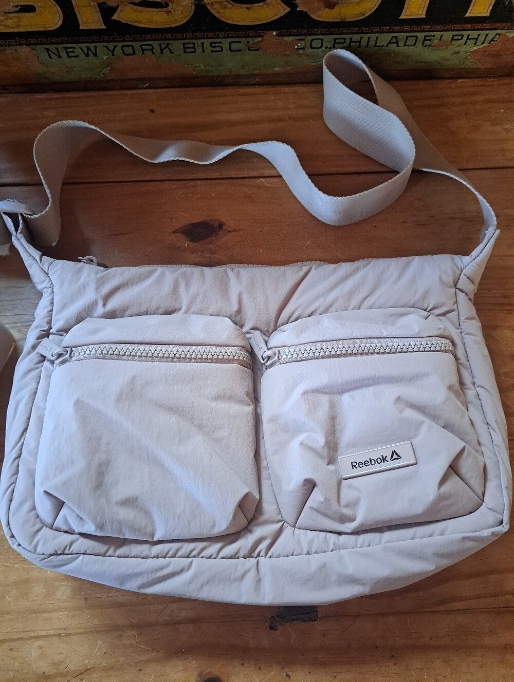 Reebok Eve Crossbody Shoulder Bag Beige Taupe Quilted Padded Nylon Everyday